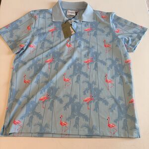 NWT Goodfellow & Co Men's Flamingo Print Polo Shirt Size XL Blue Short Sleeve